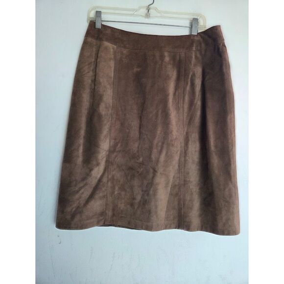 Geoffrey Beene Brown 100% Leather Suede Button Front A-Line Skirt size 10 - Picture 2 of 7